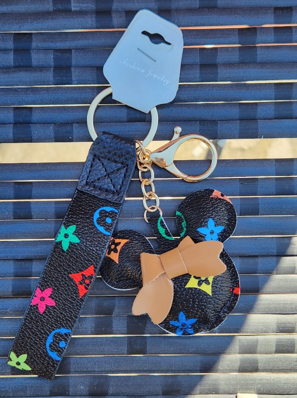 Designer-Inspired Black Leather Multicolor Flower Mickey Mouse Bow Keychain NIP - Picture 2 of 3